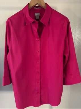 Chico's Bright Fuchsia Button-Down Shirt No Iron Preppy Size 2